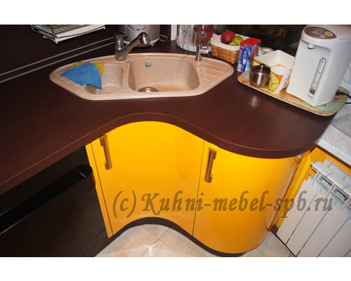 Фотография яркой пластиковой желтой кухни в сочетании с венге